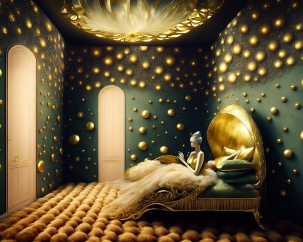 Surreal Opulent Bedroom with Golden Spheres and Luxe Decor