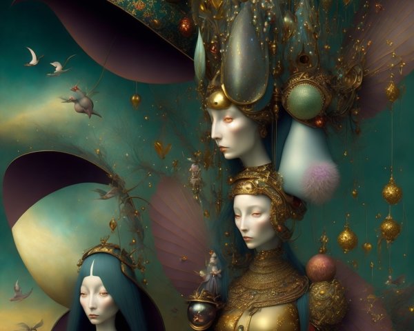 Surreal Artwork with Ethereal Figures and Vibrant Colors