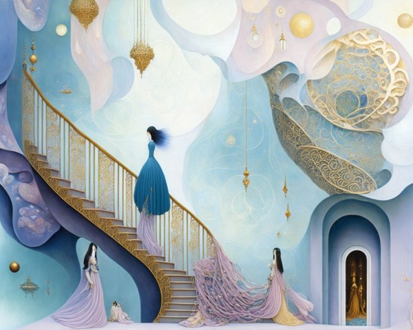 Elegant Women Ascending a Grand Staircase in Dreamlike Scene