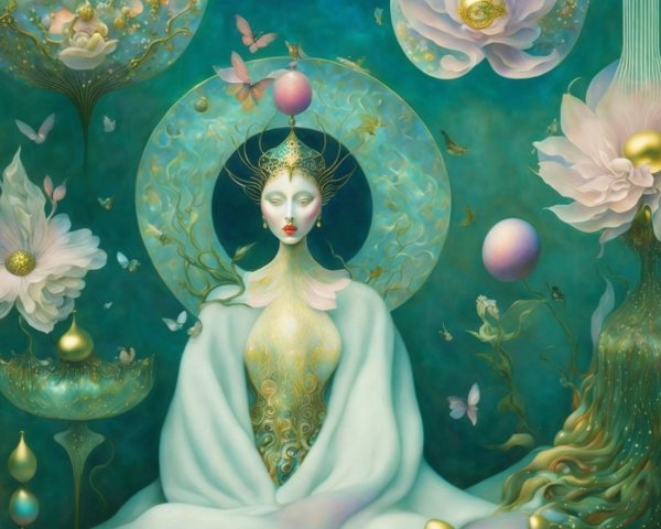 Serene Figure Surrounded by Ethereal Flowers and Butterflies