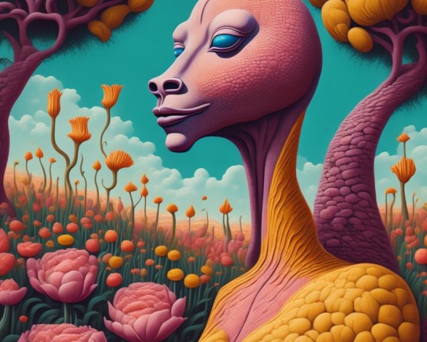 Surreal Landscape with Humanoid Figure and Flowers