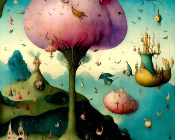 Surreal Painting of Bulbous Structure and Whimsical Figures