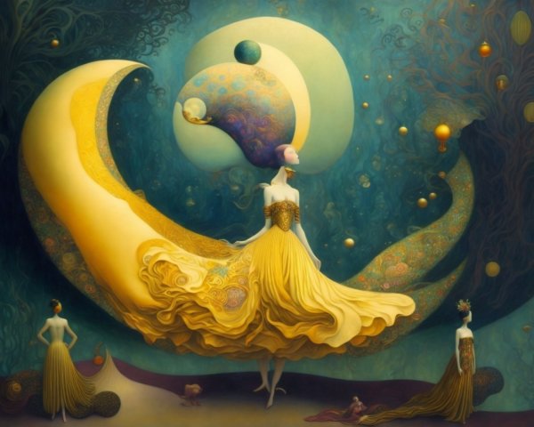 Surreal Scene of Elegantly Dressed Figures in Gold