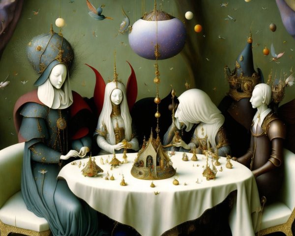 Surreal Gathering of Elegantly Dressed Figures