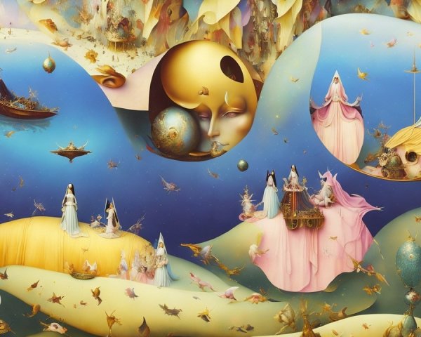Surreal Landscape with Floating Islands and Ethereal Figures