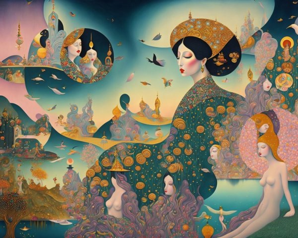 Surreal Landscape with Vibrant Colors and Ethereal Figures