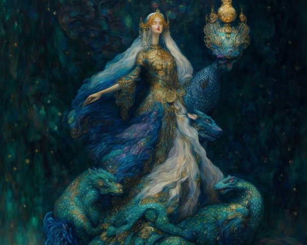 Mystical figure in shimmering attire by swirling waters