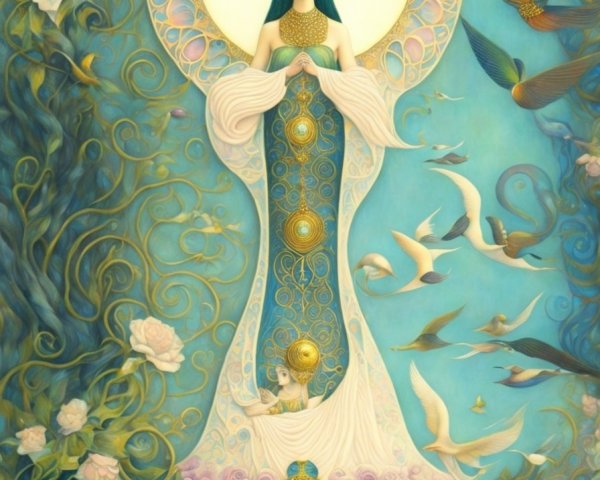 Serene Figure with Orb in Vibrant Blue Artwork