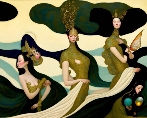 Ethereal Figures with Flowing Garments in Dreamlike Scene