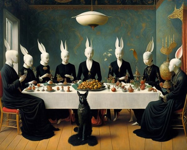 Surreal Dining Scene with Figures and Lavish Feast