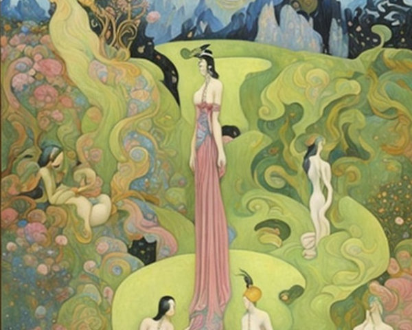 Art Nouveau Scene with Ethereal Women and Nature