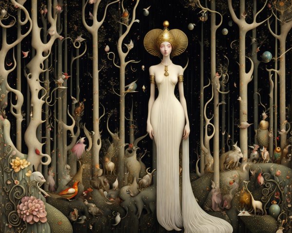 Mystical Forest Scene with Regal Woman and Creatures