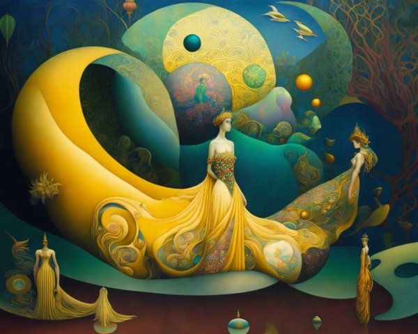 Ethereal Figures in Yellow Gowns in Whimsical Landscape