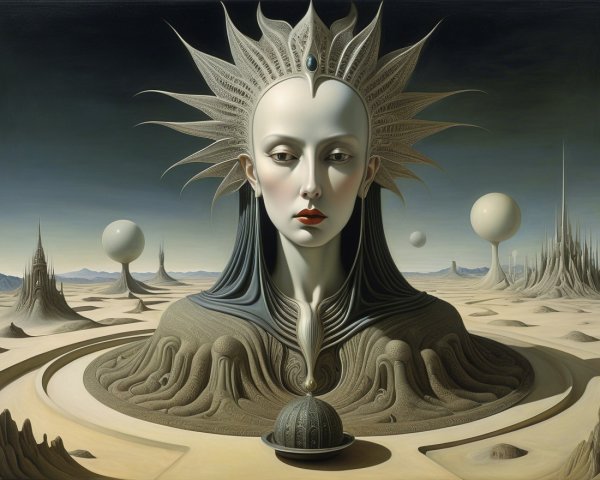 Surreal Landscape with Striking Figure and Structures