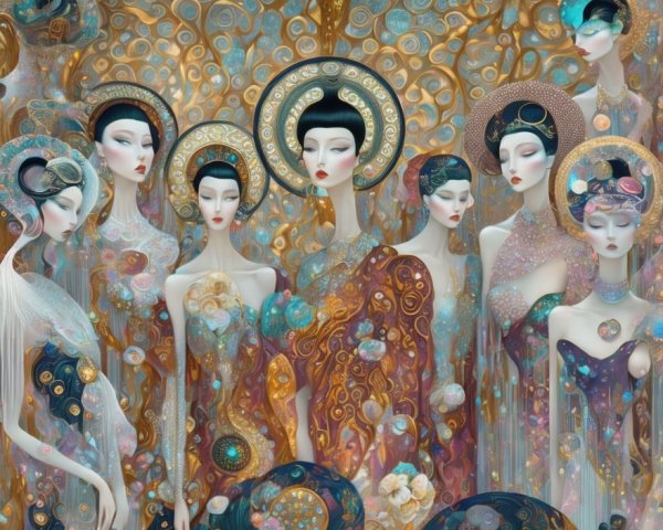 Ethereal Women in Shimmering Attire Against Dreamlike Background
