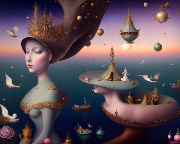 Surreal Scene with Ethereal Figures and Twilight Sky