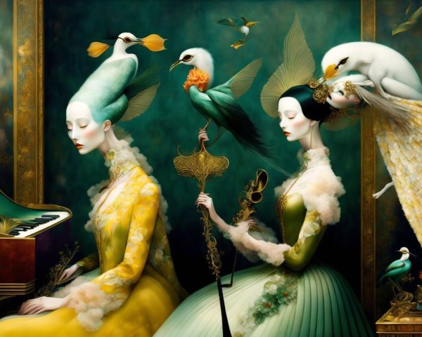 Elegant Women by Grand Piano with Exotic Birds