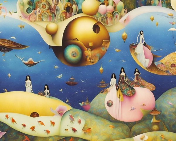 Surreal Landscape with Floating Islands and Ethereal Figures