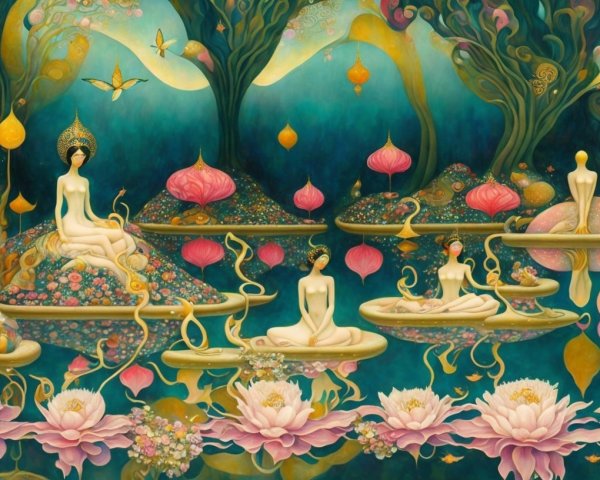 Women Meditating in a Vibrant Dreamlike Landscape