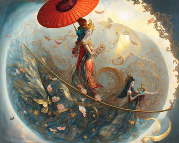 Ethereal Figures in a Dreamlike Realm with Butterflies