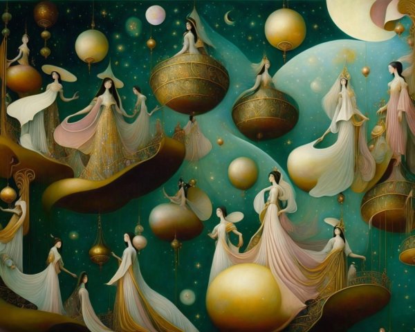 Ethereal Figures Among Celestial Orbs and Skies