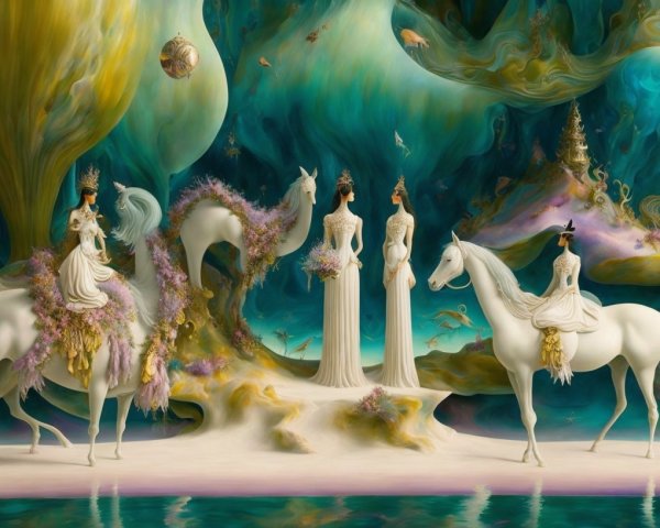 Surreal Landscape with Ethereal Figures and Horses