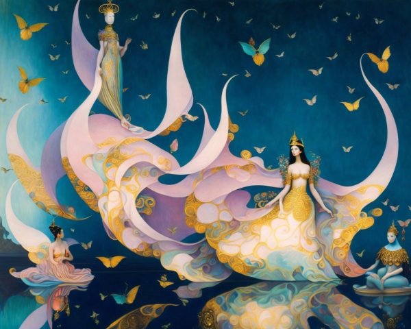 Ethereal Figures in Ornate Gowns with Butterflies