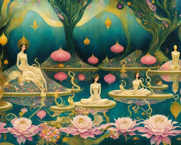 Serene Figures in Ethereal Landscapes with Lotuses