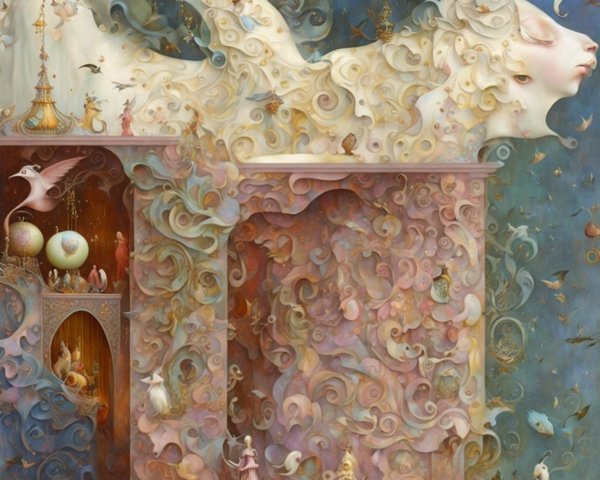 Surreal Landscape with Lion's Head and Ethereal Figures