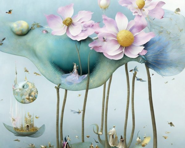 Surreal Landscape with Pastel Flowers and Ethereal Figures