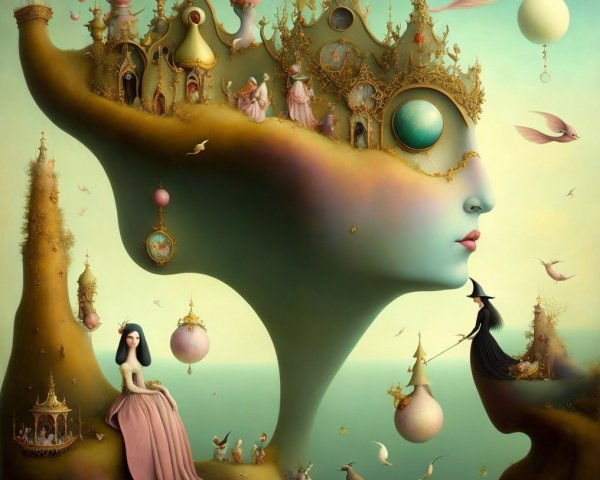 Surreal Artwork Featuring Ethereal Face and Castles