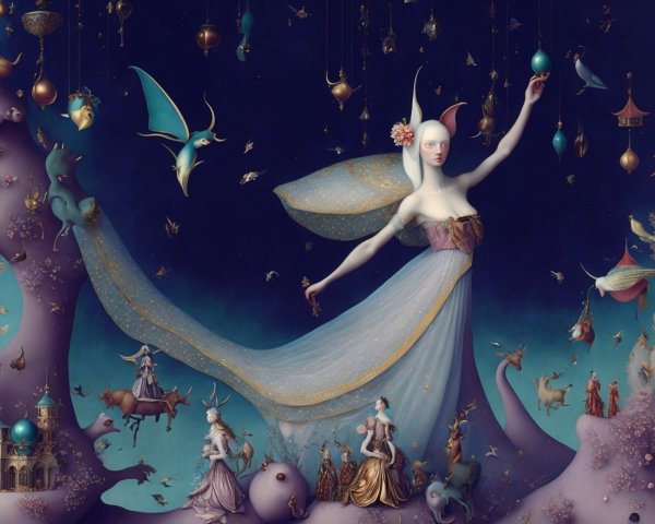 Surreal Scene with Graceful Figure and Whimsical Creatures