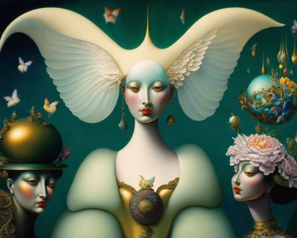 Ethereal Figure Surrounded by Stylized Faces and Butterflies