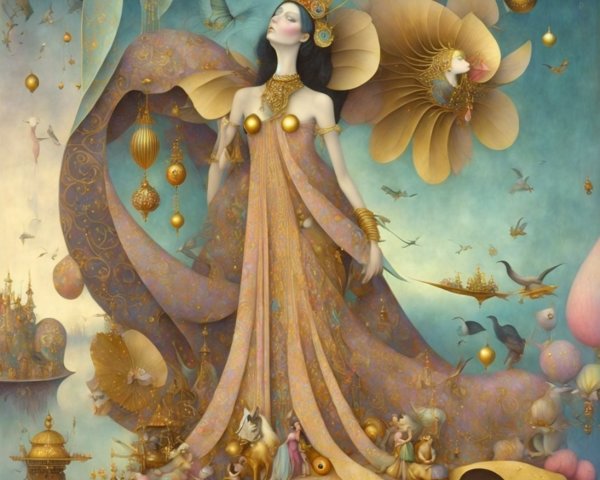 Surreal Oil Painting of Goddess in Ornamental Landscape