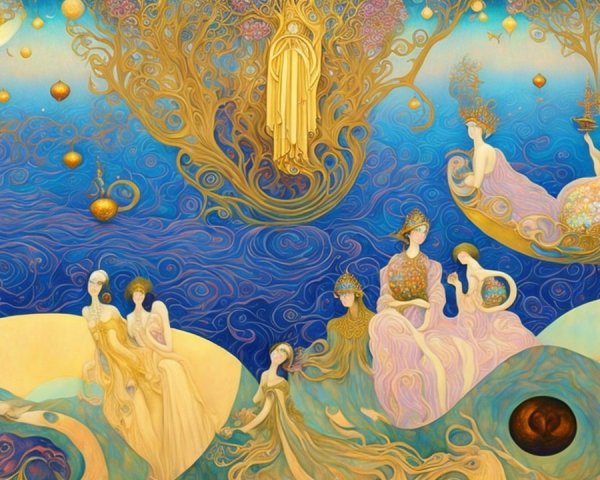 Ethereal Figures in Swirling Blue Waters and Nature