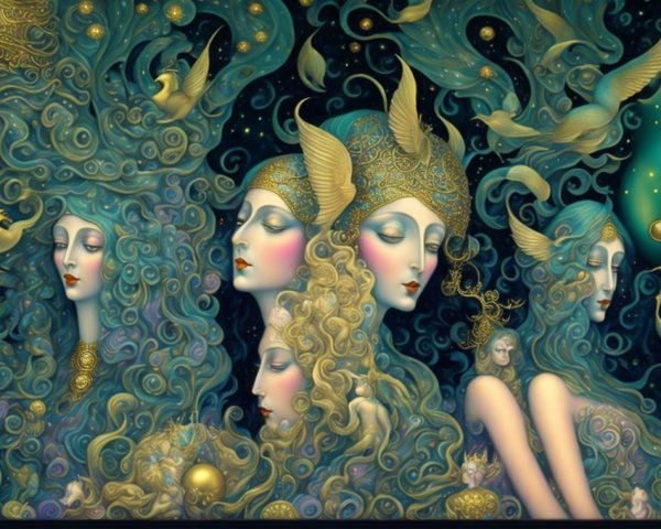 Ethereal Women with Flowing Hair in Cosmic Artwork