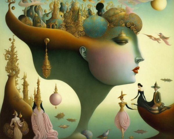 Surreal Woman's Face in Abstract Landscape with Fantasy