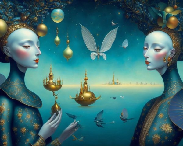 Elegant Figures in Blue and Gold Against Starry Sky