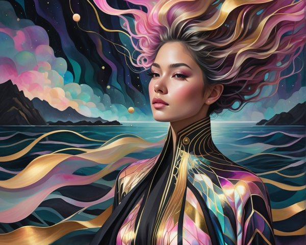 Serene Figure Against Cosmic Backdrop with Colors