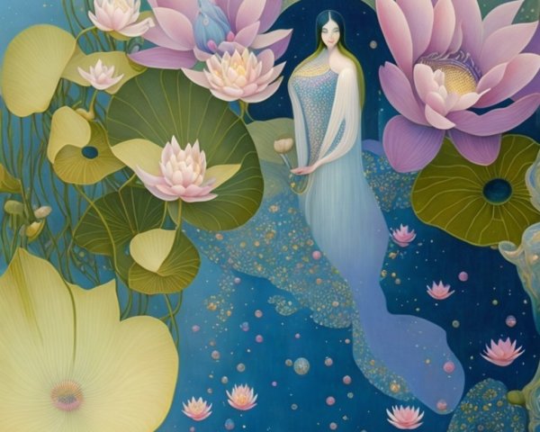 Serene Scene with Lotus Flowers and Tranquil Waters