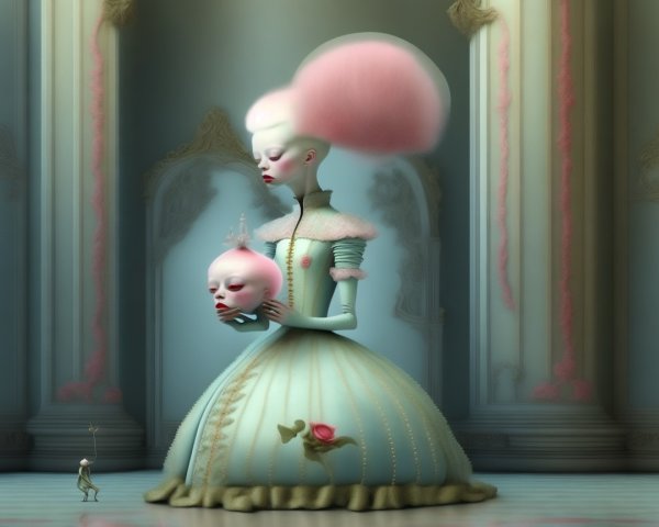 Pastel Gown and Doll Head in Surreal Setting