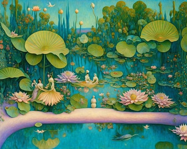 Serene Dreamlike Landscape with Lotus Flowers and Water