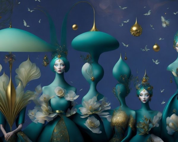 Surreal Fantasy Scene with Elegant Figures and Butterflies