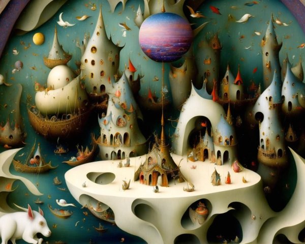 Whimsical Surreal Landscape with Fantastical Elements
