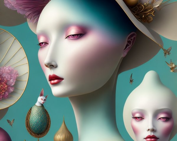 Surreal Composition with Elegant Figure and Rabbit
