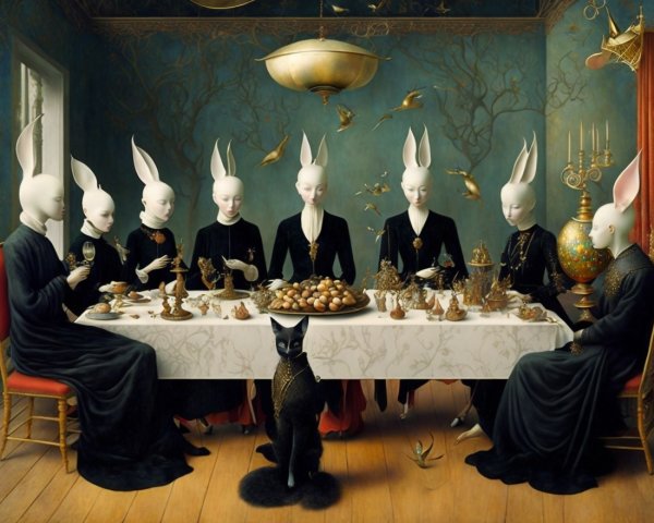 Surreal Banquet with Elegantly Dressed Figures and Cats