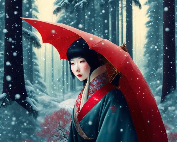 Winter Landscape with Woman in Blue Kimono and Umbrella