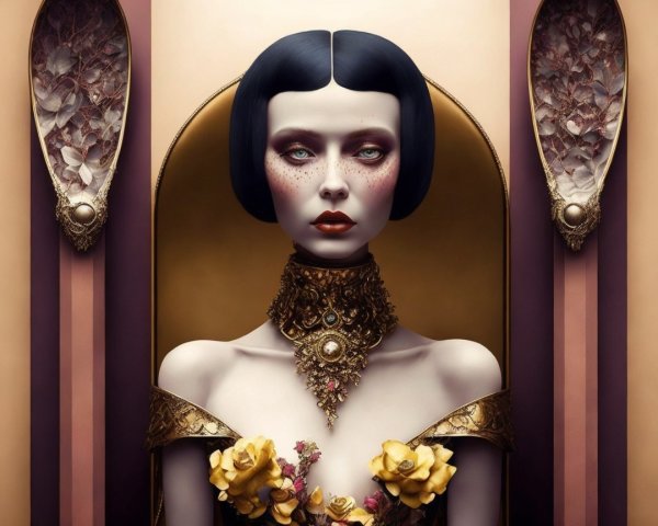 Portrait of a Woman with Black Bob and Floral Adornment