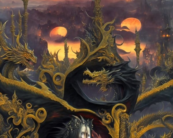 Regal Figure with Dragons in Dark Fantasy Setting