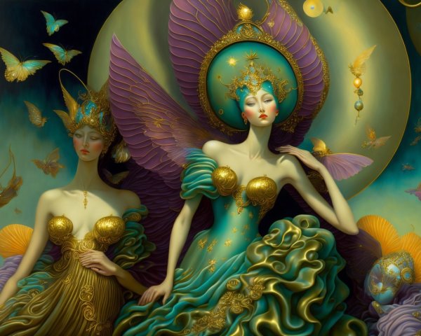 Ethereal Figures in Opulent Gowns with Butterflies